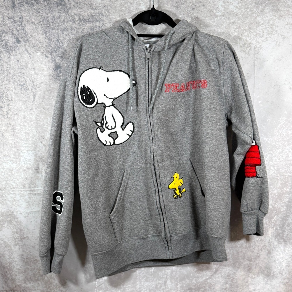 Peanuts Snoopy Patch Zip Up Heather Charcoal Hoodie Sweatshirt PNSJF11-4L16 L
